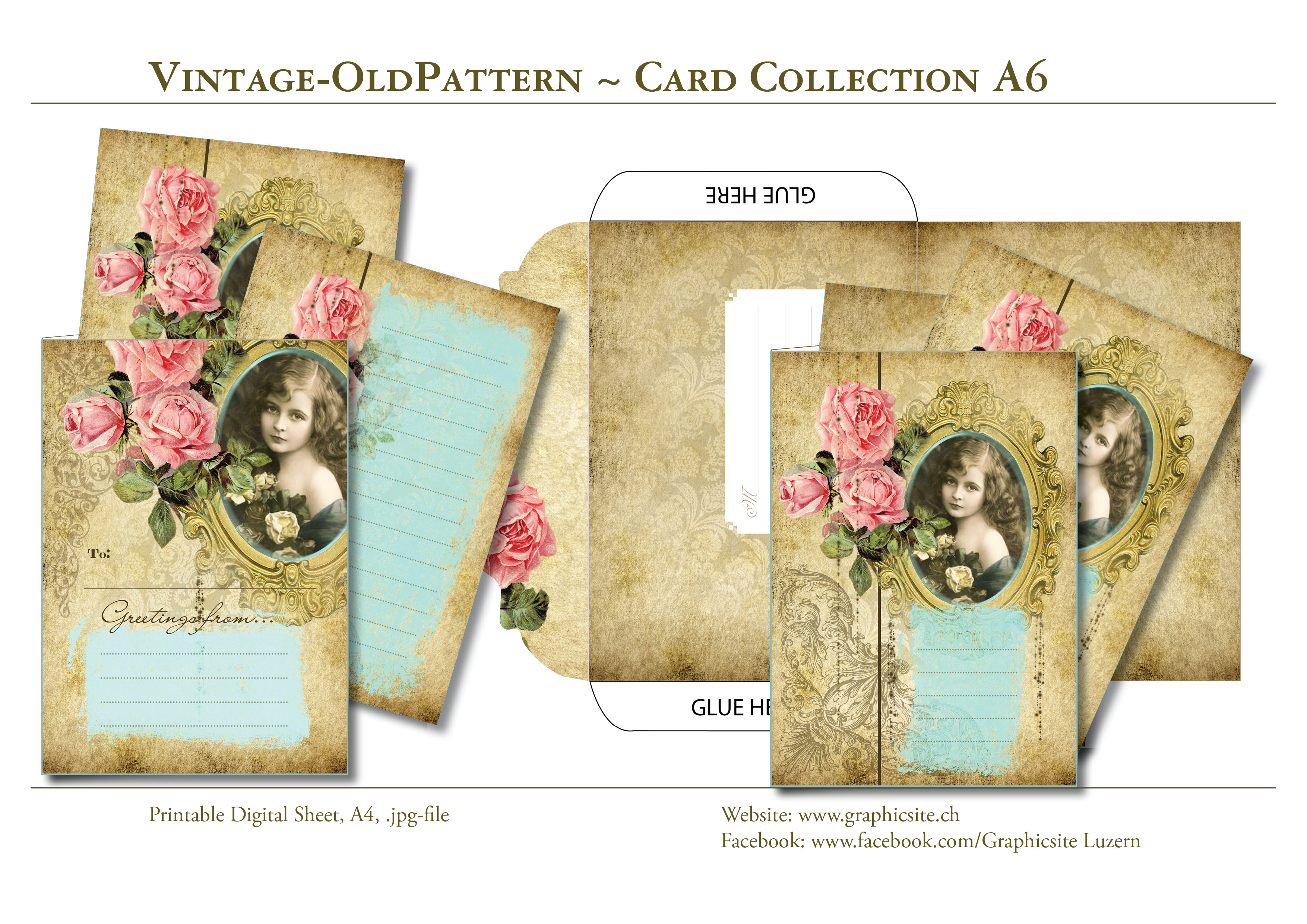 Printable Digital Sheets - DIN A-Formats - Greeting Cards, Love Cards, Envelope, Vintage, Romantic, Floral, Rose, Girl,